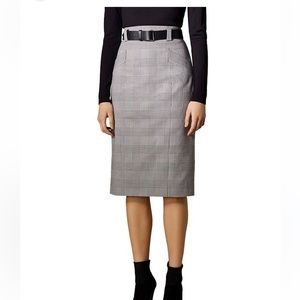 Karen Millen plaid pencil skirt with leather belt. Size 6